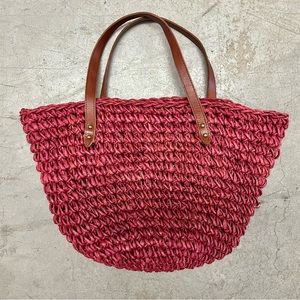 J. Jill Red Straw Tote with Leather Handles